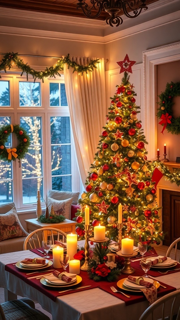 Indoor Christmas Decor Ideas A cozy indoor Christmas decor with a decorated tree, festive table, and warm lighting.